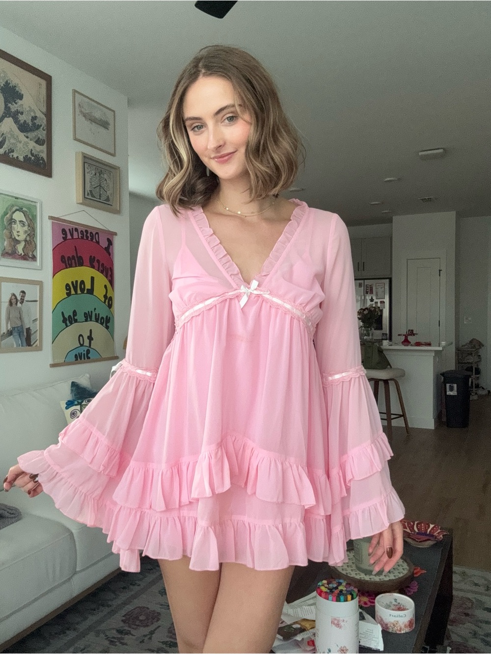 Dolls Kill Pink Sheer Ruffle Babydoll Chemise